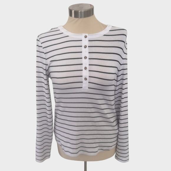 C&C California Womens Medium White Black Stripe Long Sleeve Henley Shirt - Picture 1 of 7